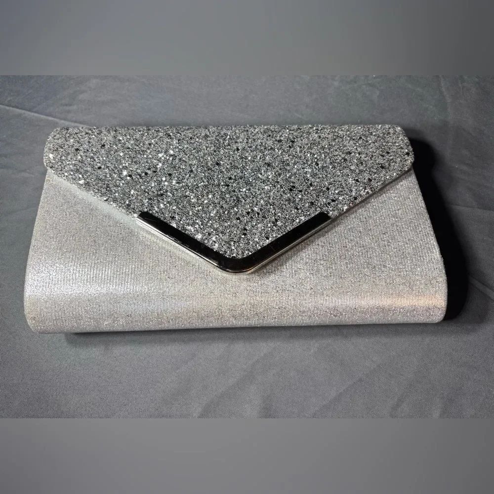 New Silver Glitter Envelope Clutch Handbag